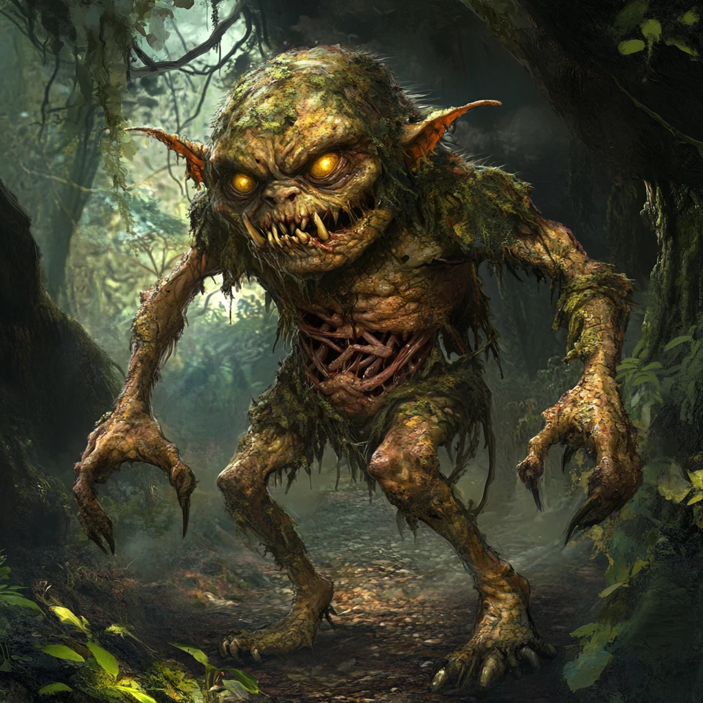 Sinister Forest Goblin With Twisted Body And Yellow Eyes