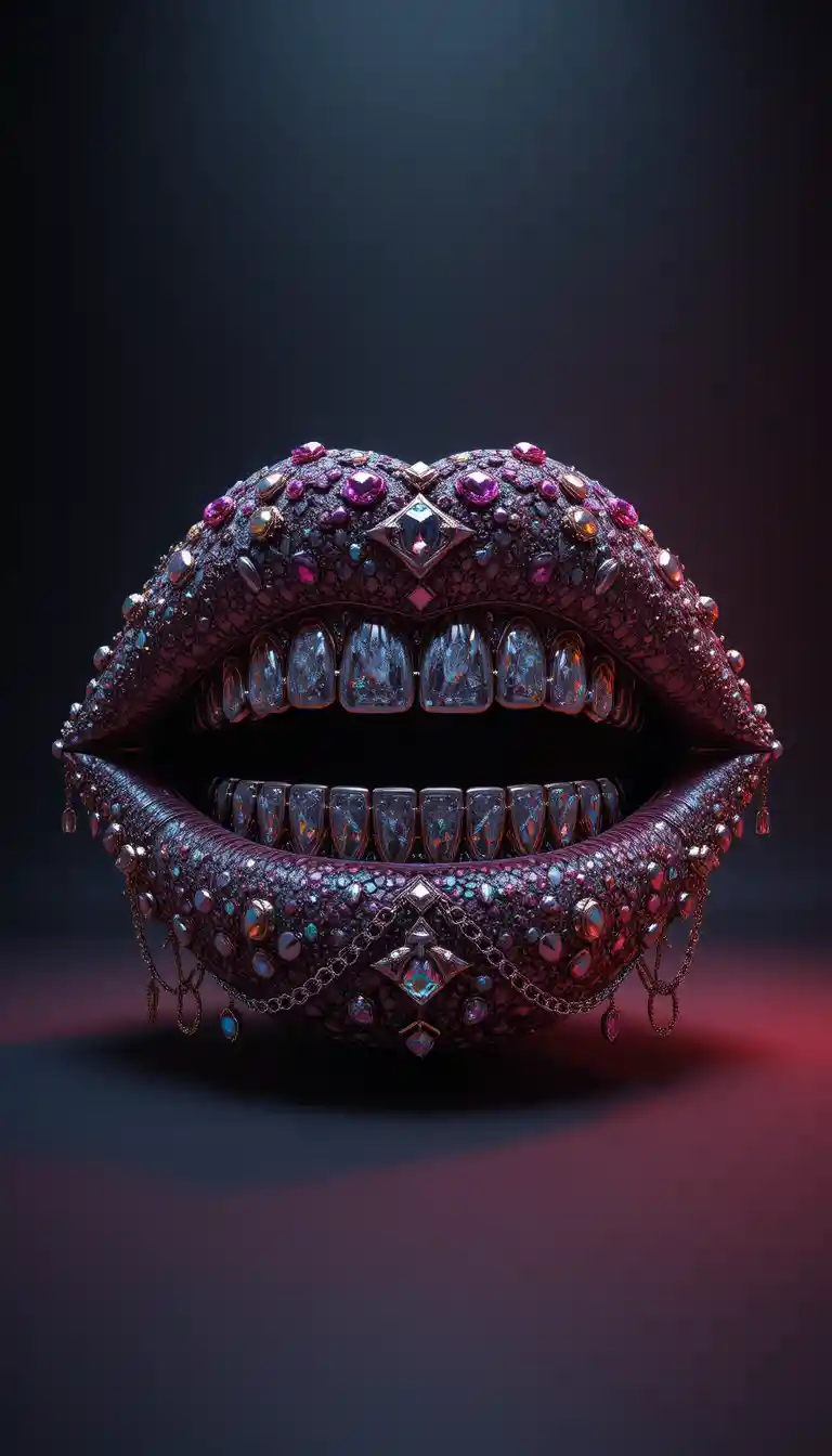 Luxuriöse, juwelengeschmückte Lippen-Skulptur vor dunklem Studiohintergrund