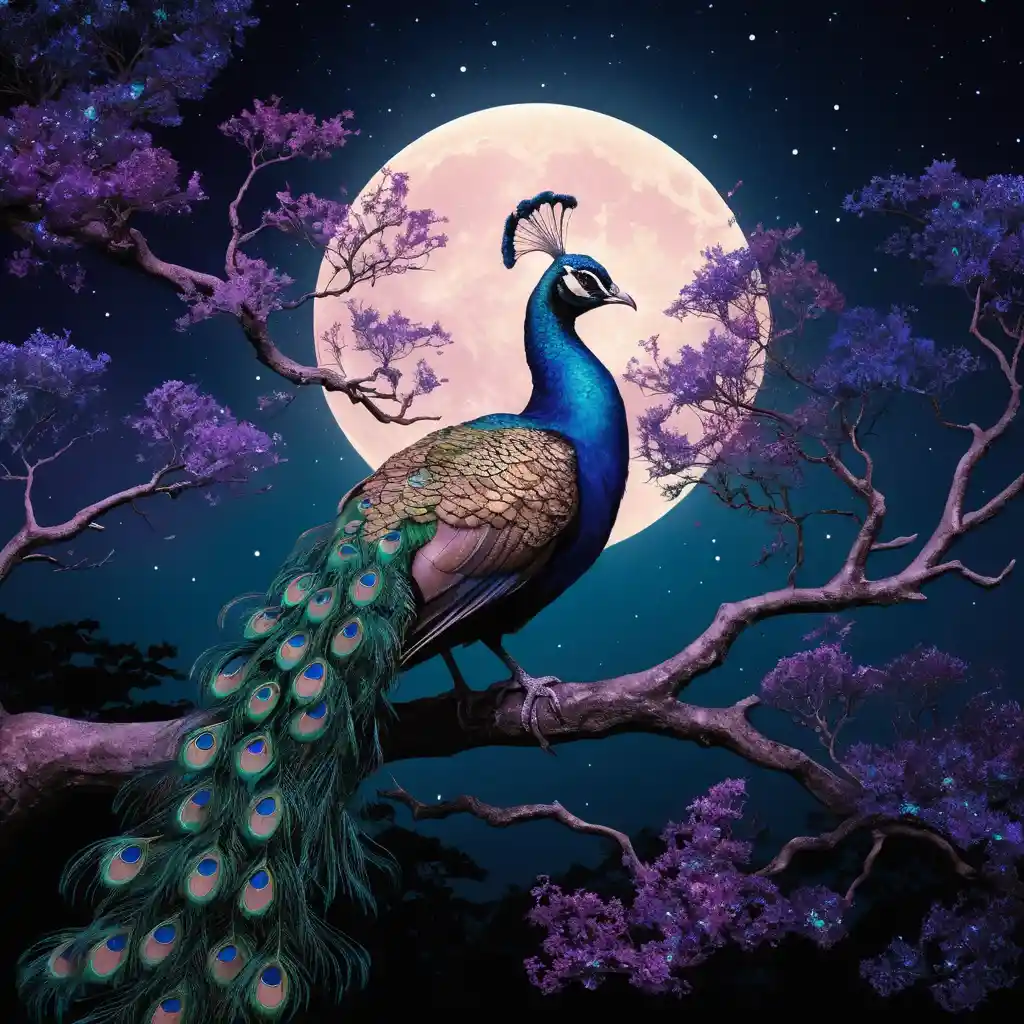 Iridescent peacock on a dark tree beneath the moon
