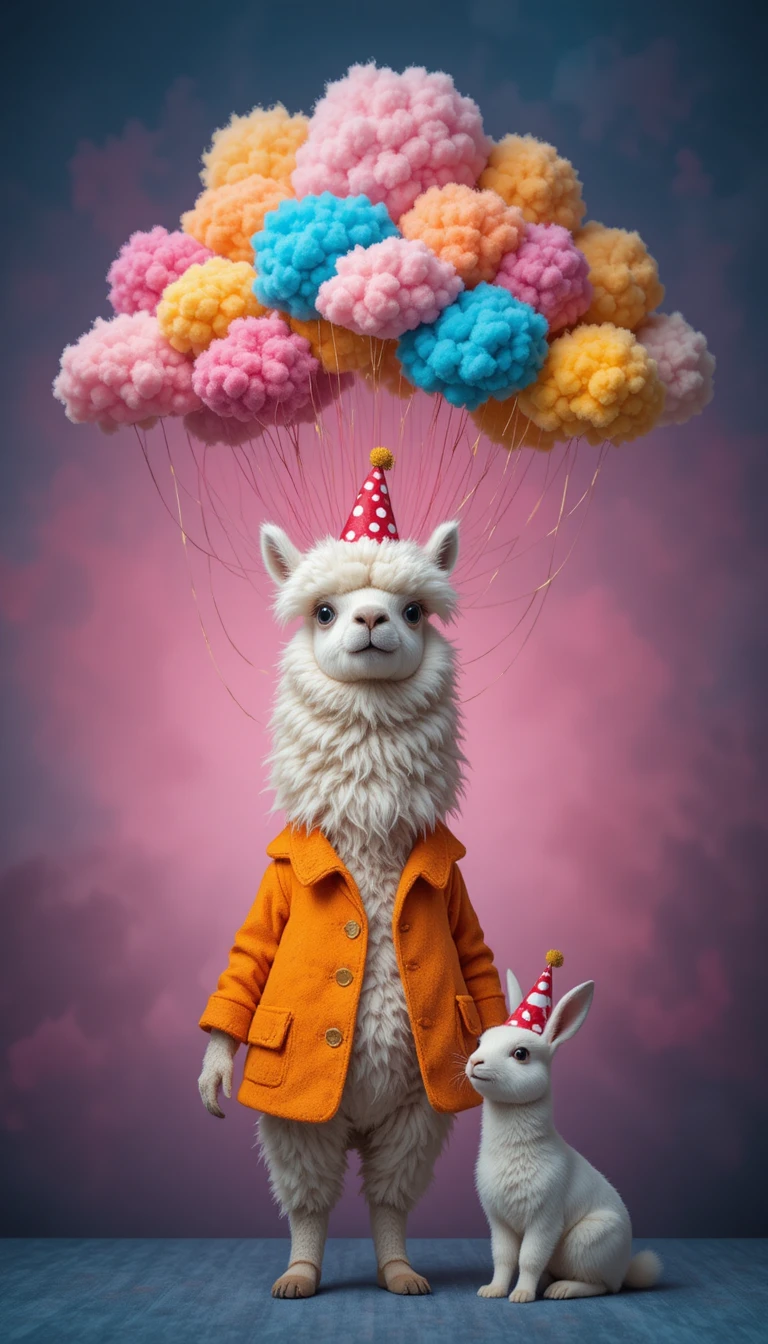 Weiße Lama in Party-Outfit unter bunten hängenden Wolken