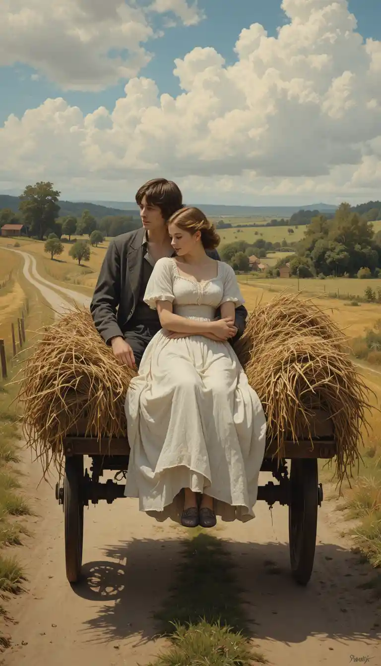 Romantic couple on hay cart along a quiet country road