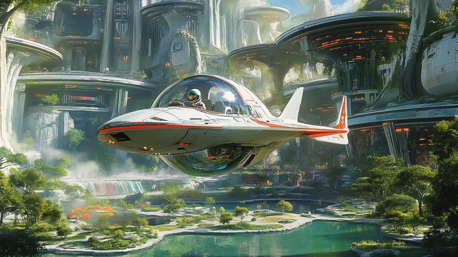 Single seat spaceship over colorful alien space academy
