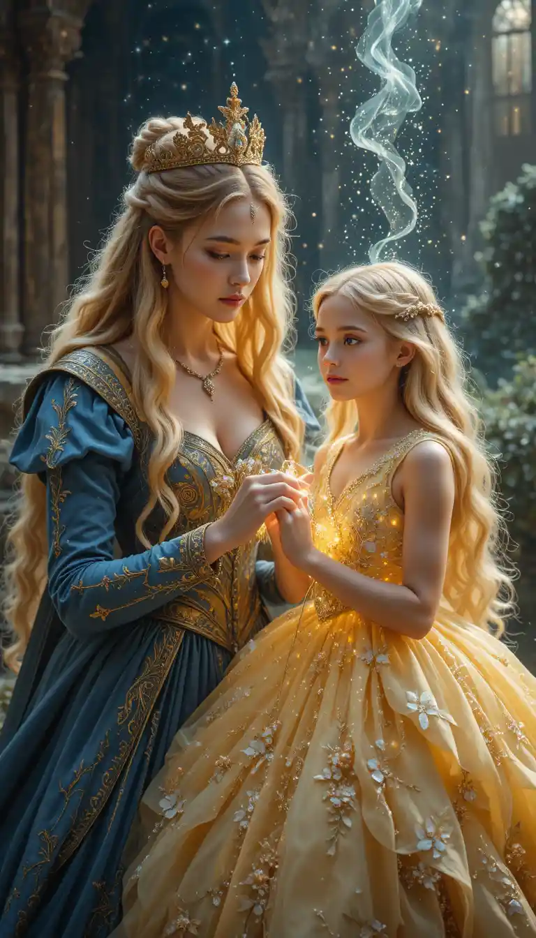 Queen sewing a magical dress from her daughters hair