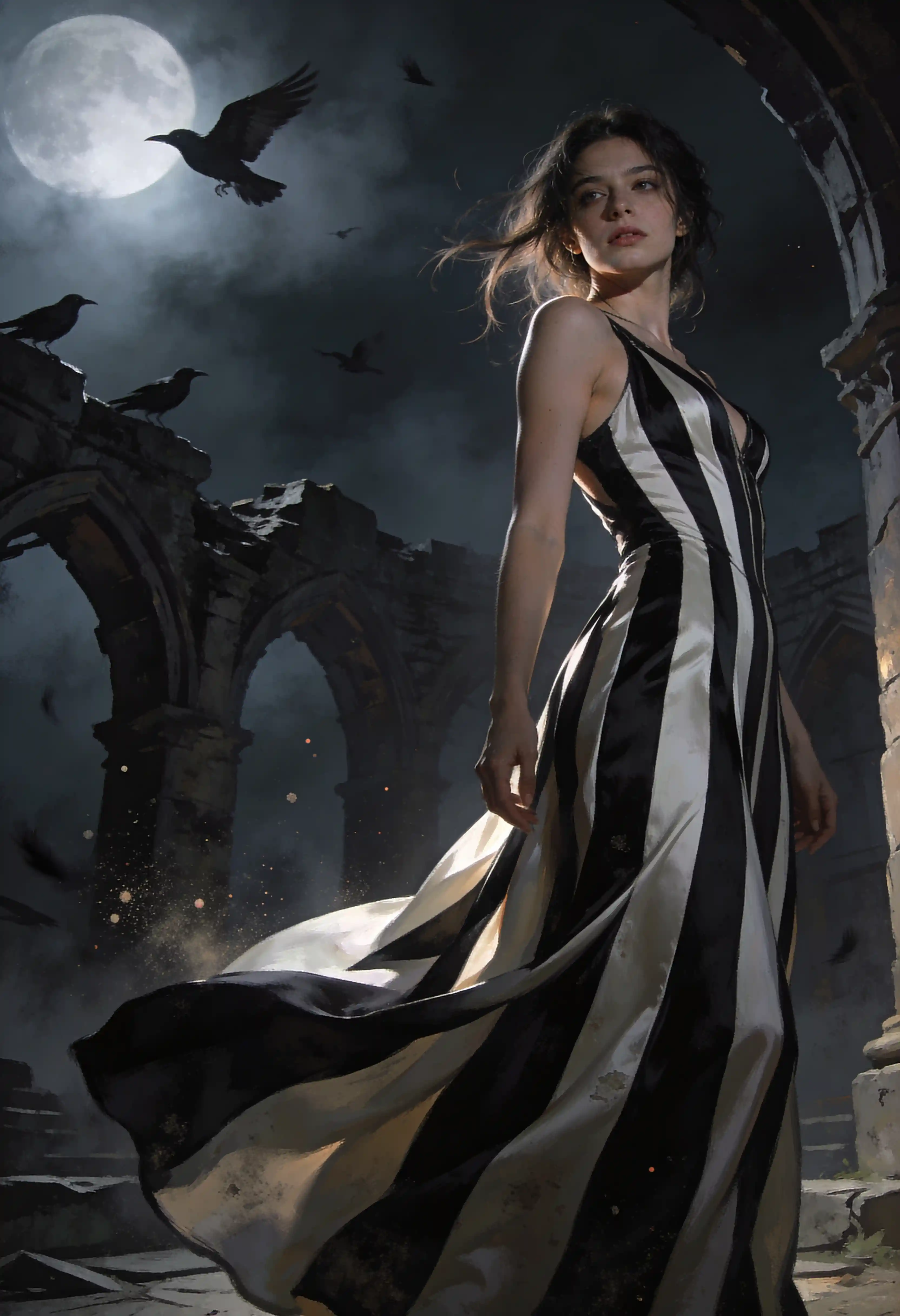 Young woman in striped dress beneath gothic moonlit arches