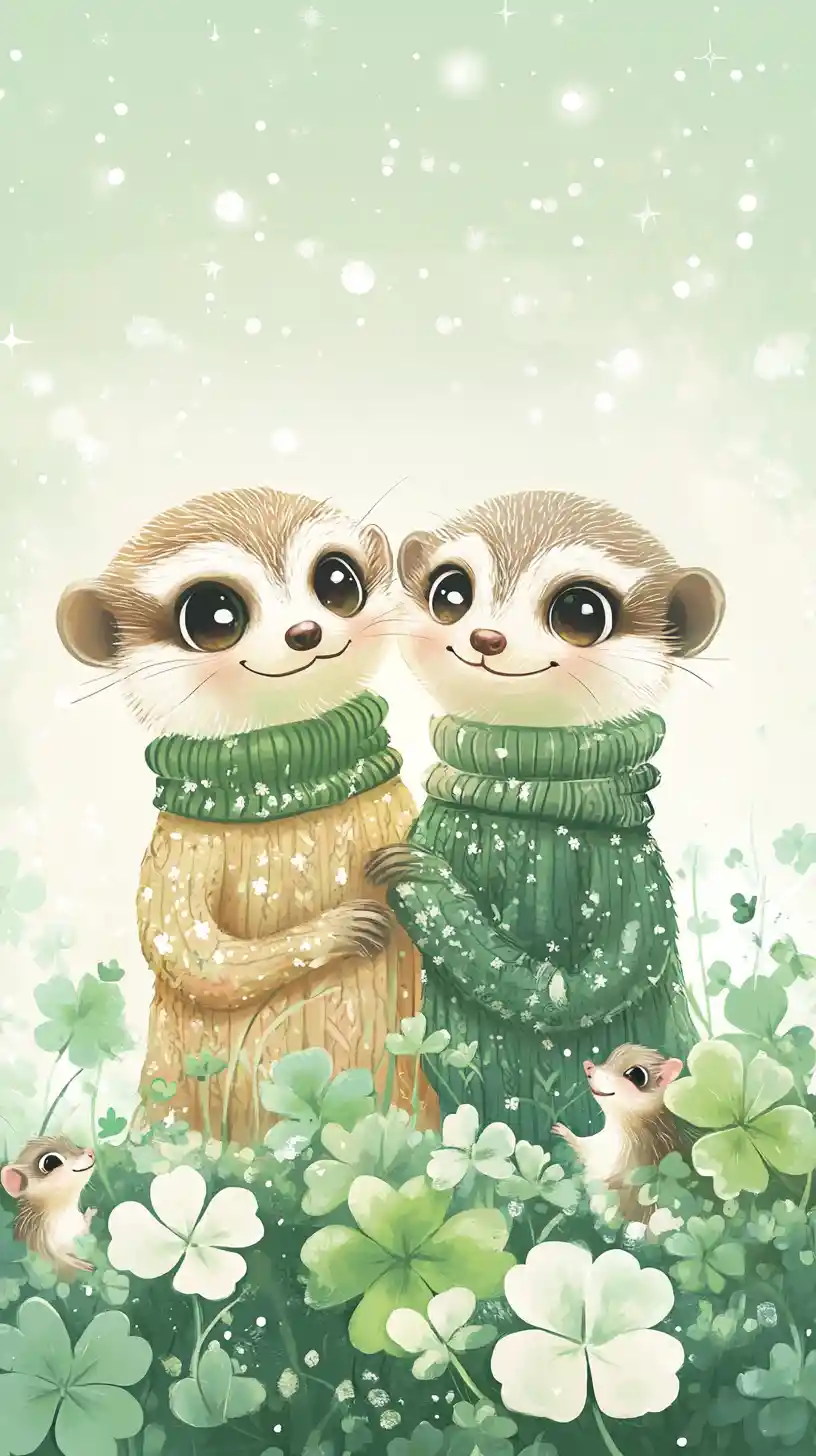 Cute cartoon meerkats in sweaters in a clover meadow