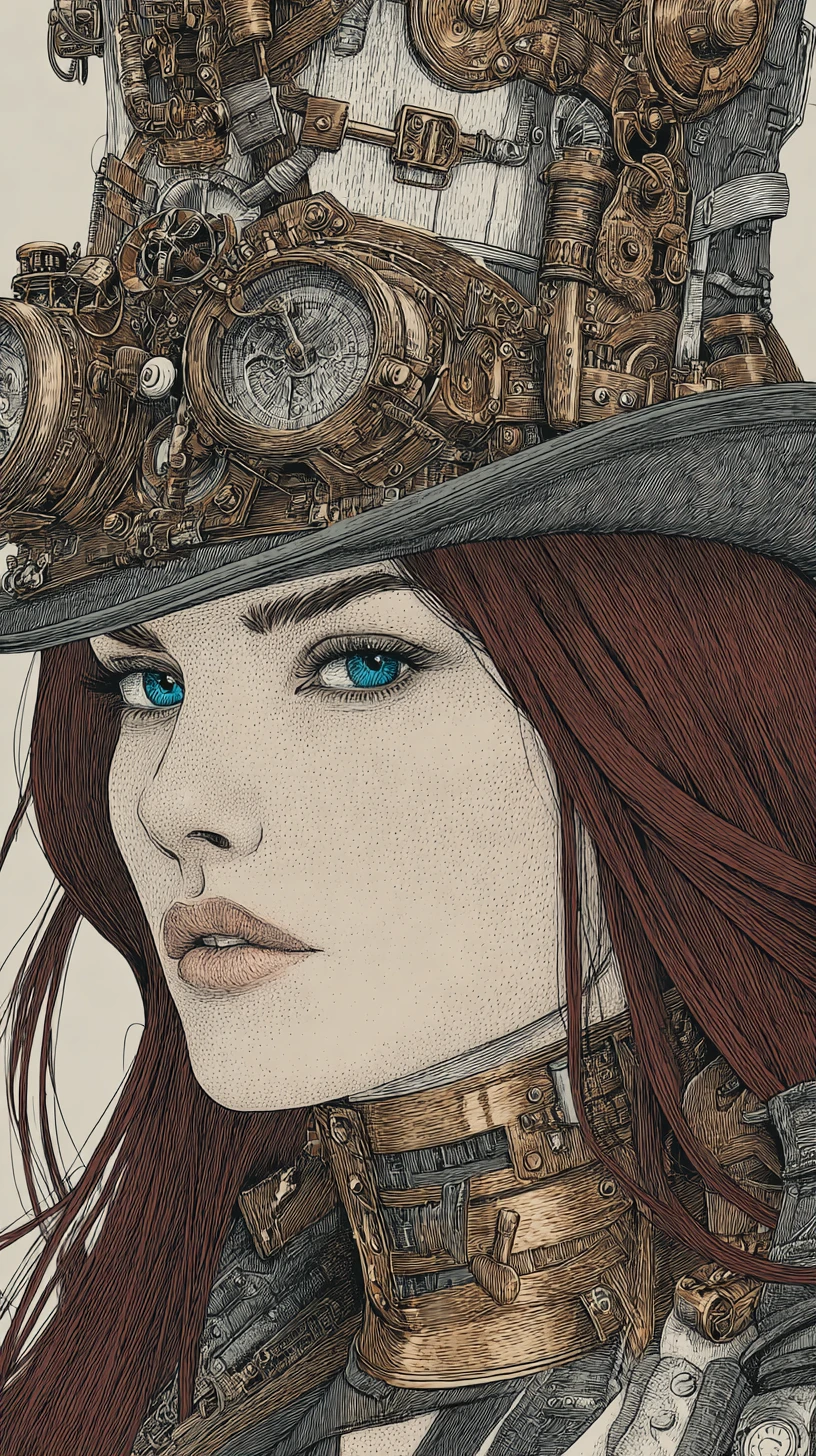 Mujer steampunk con cuerpo mecánico y sombrero de copa ornamentado