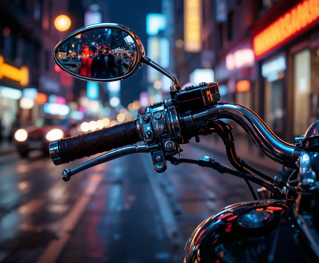 Chrome motorcycle handlebars glowing under urban neon lights