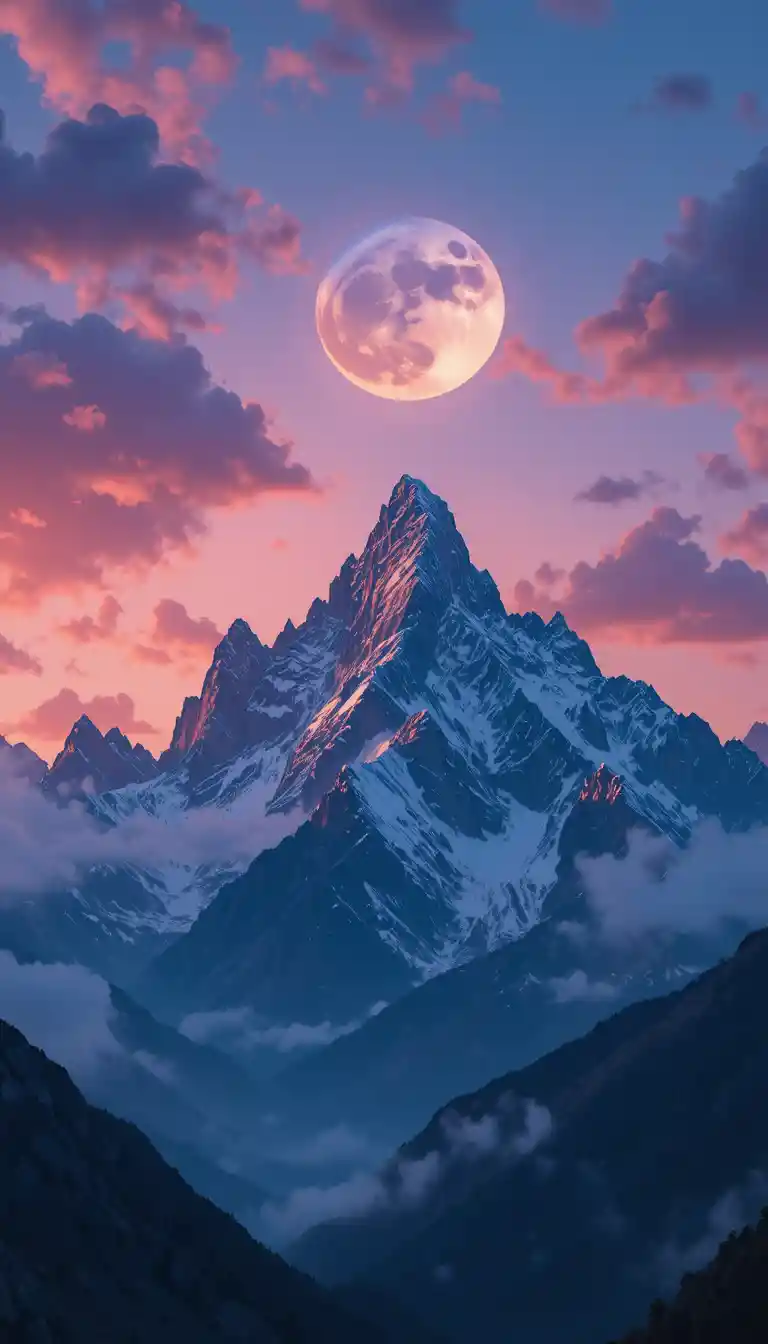 Majestuosa cordillera al anochecer bajo la luz de la luna