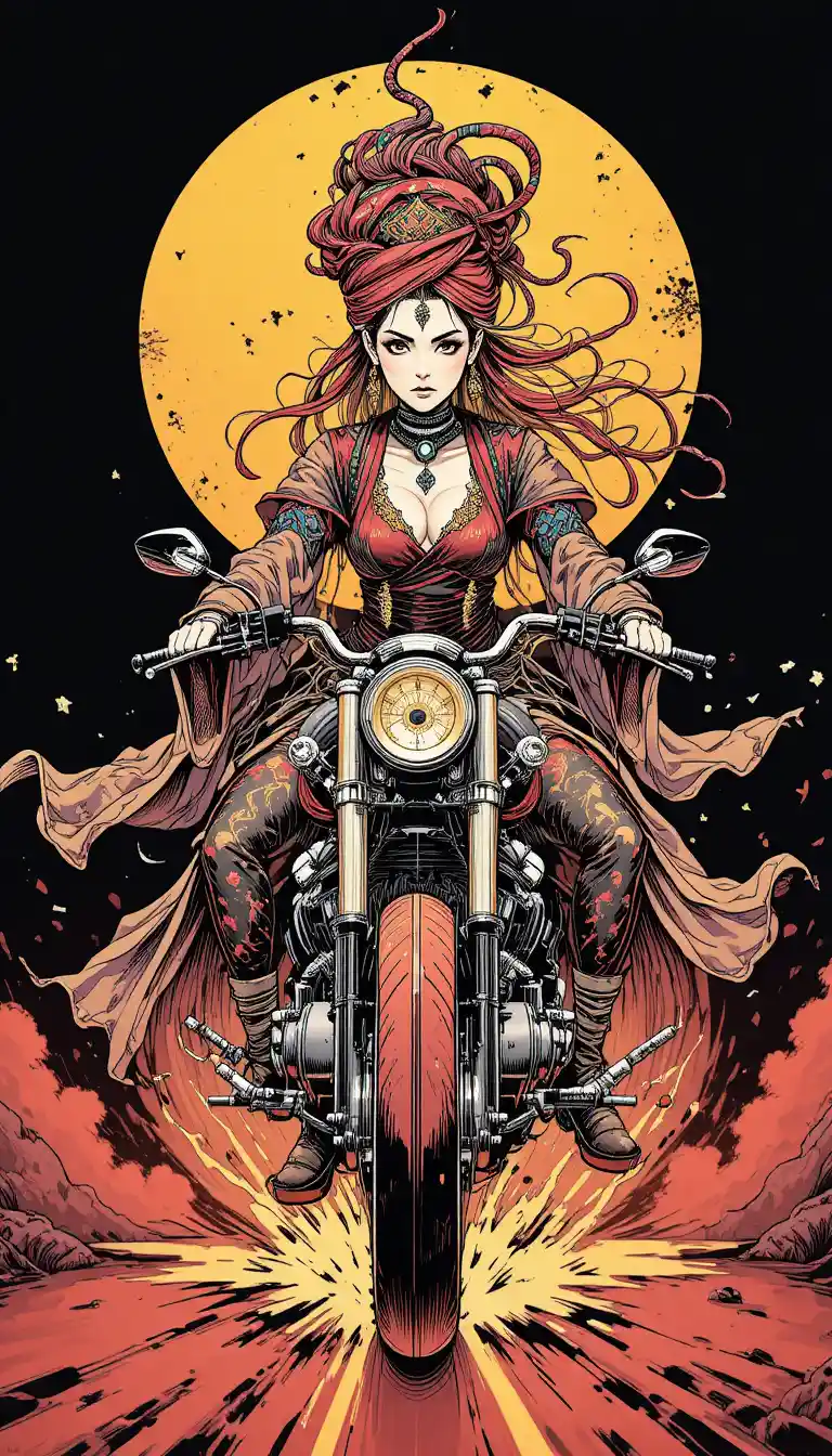 Ink manga woman riding a custom motorcycle from the front