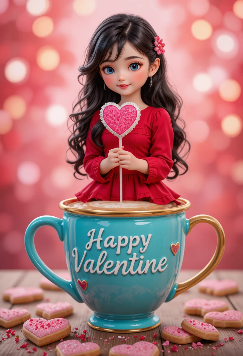 Chica chibi en taza turquesa de San Valentín con dulces