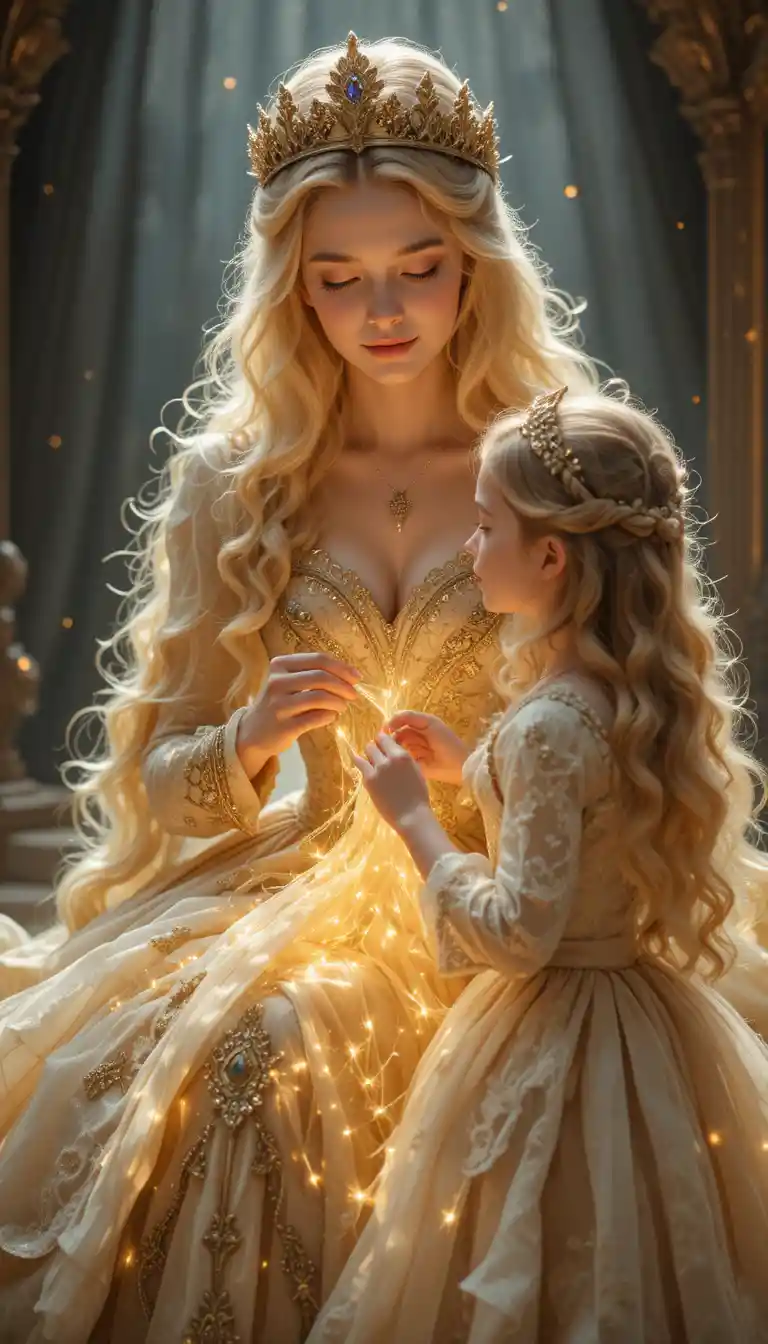Regina che cuce un abito magico con i capelli della figlia