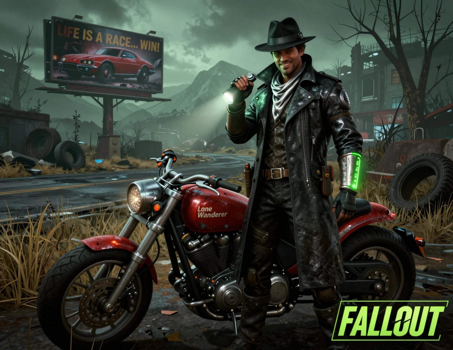 Detective sci‑fi con motocicletta in una landa post-apocalittica