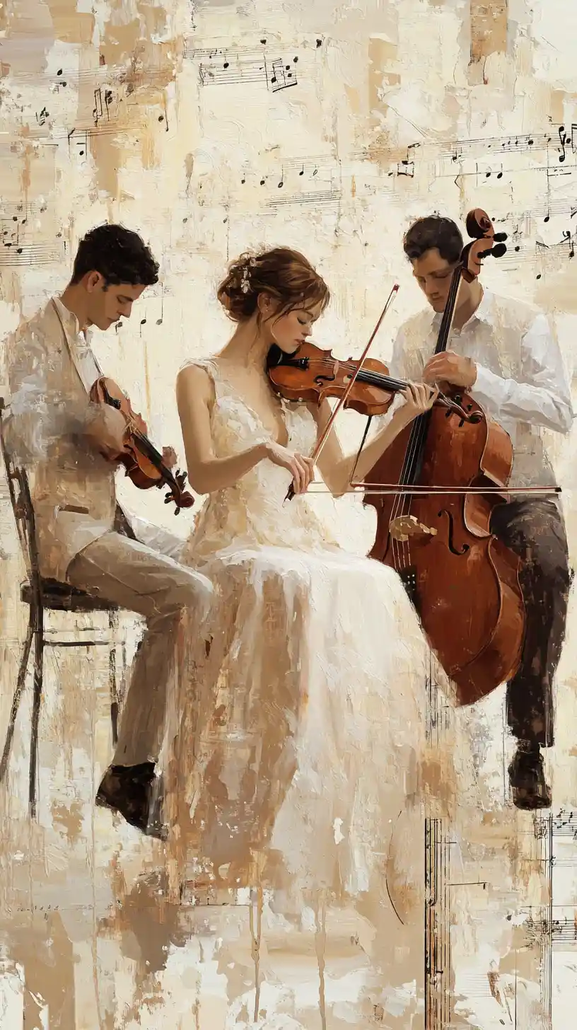 Romantic painting of three string musicians performing together