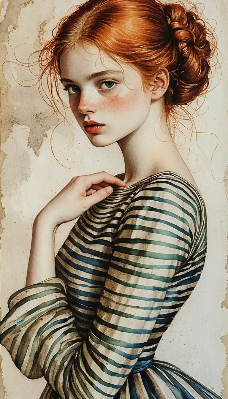 Renaissance style portrait of a freckled red haired girl