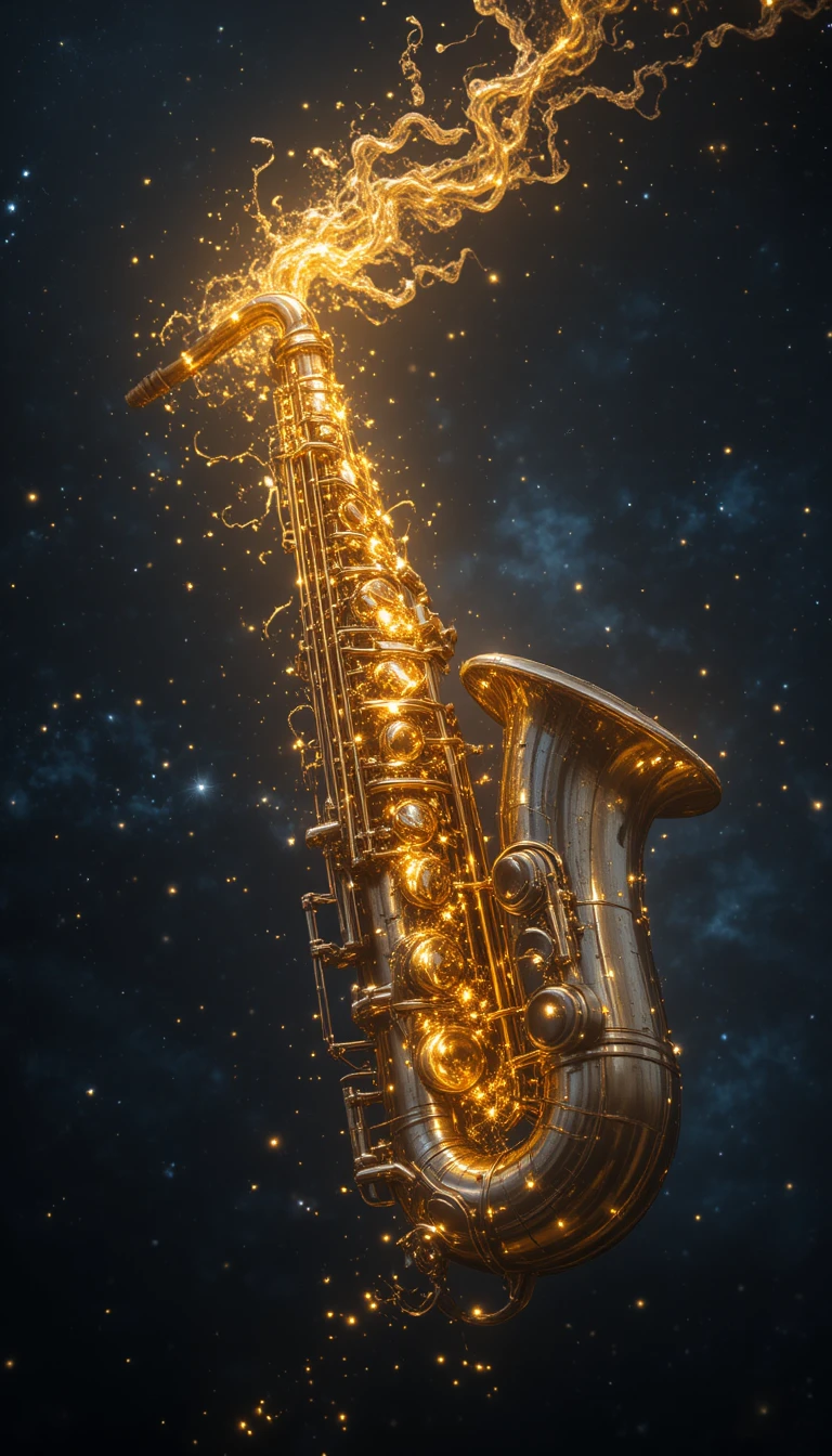 Golden saxophone glowing in a dark cosmic void