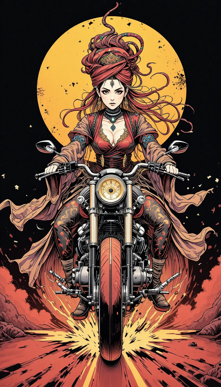 Mujer de manga a tinta conduciendo una moto custom de frente