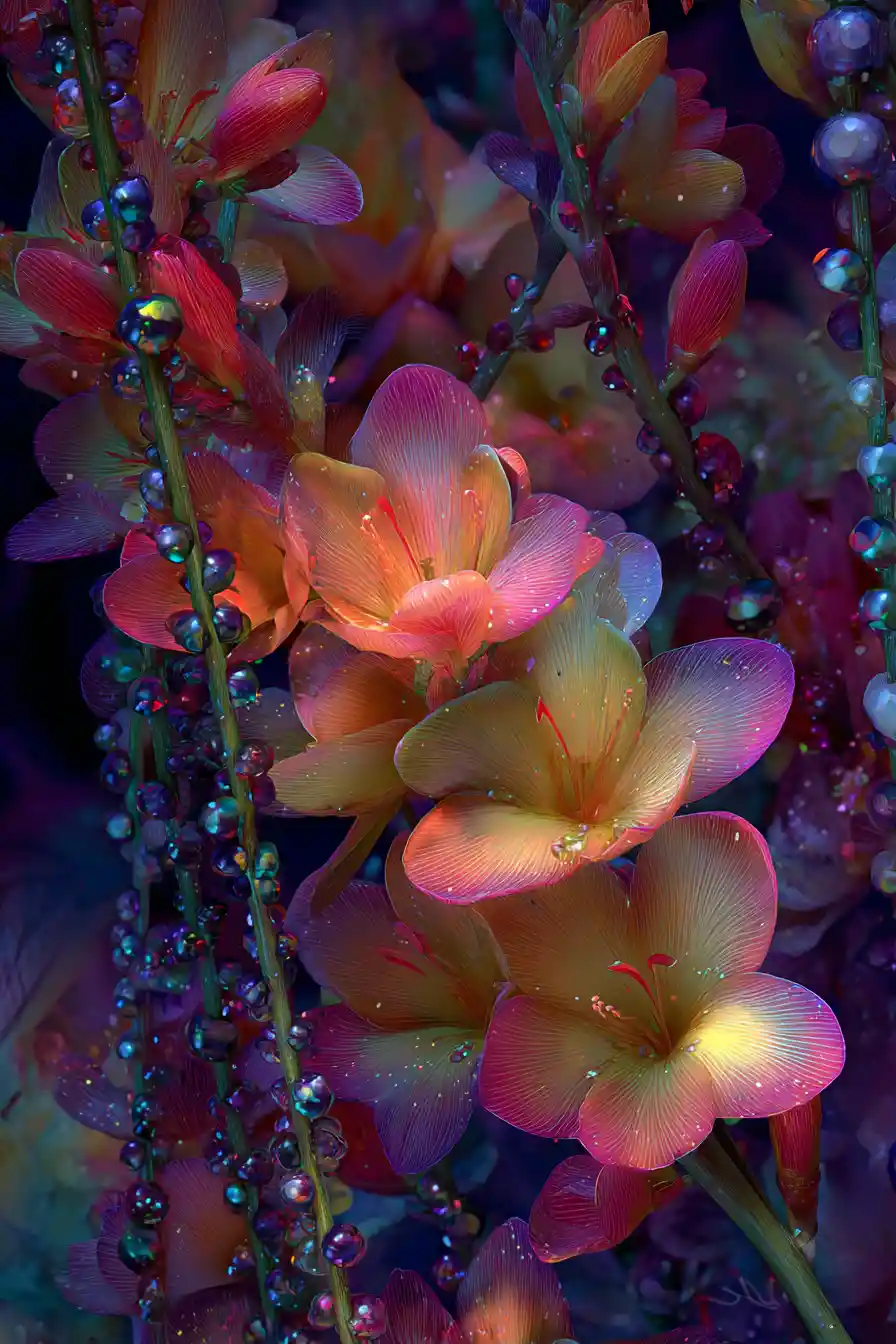Flores de fantasia surreal em uma paisagem onírica cravejada de gemas