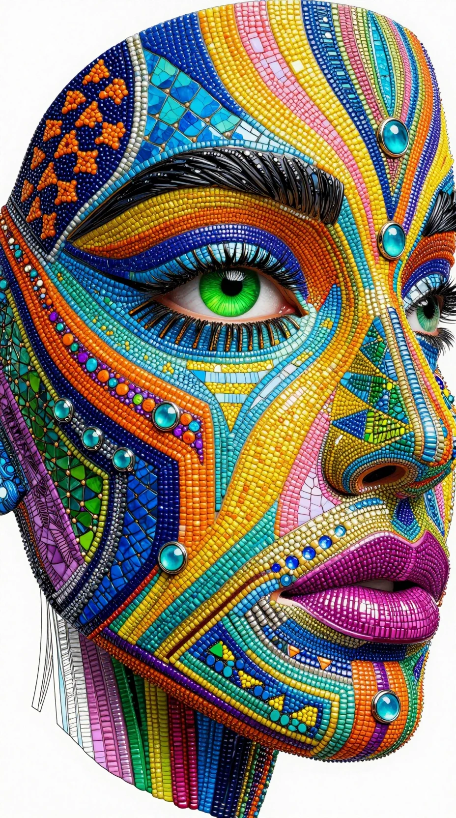 Primerísimo primer plano de un rostro humano cubierto de mosaico