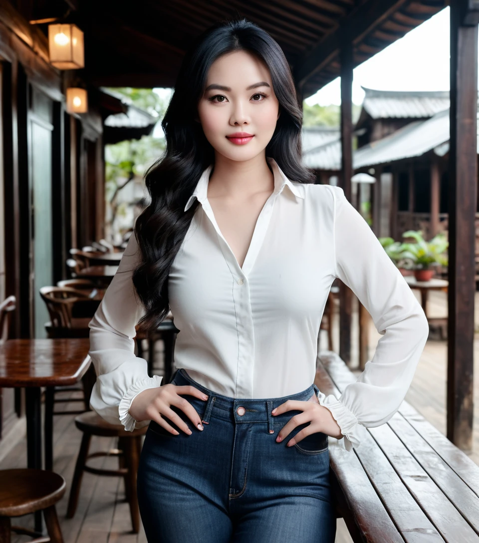 Donna vietnamita in stile casual in una caffetteria rustica