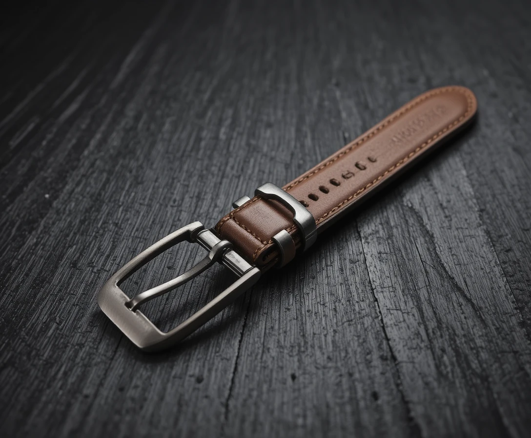 Leder­gürtel auf dunklem Holz in minimalistischer Produktszene