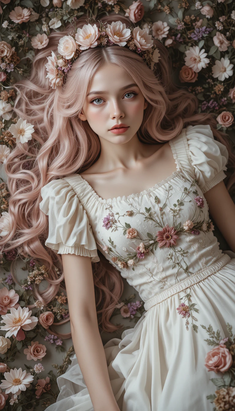 Pink haired woman in white floral dress lying among petals
