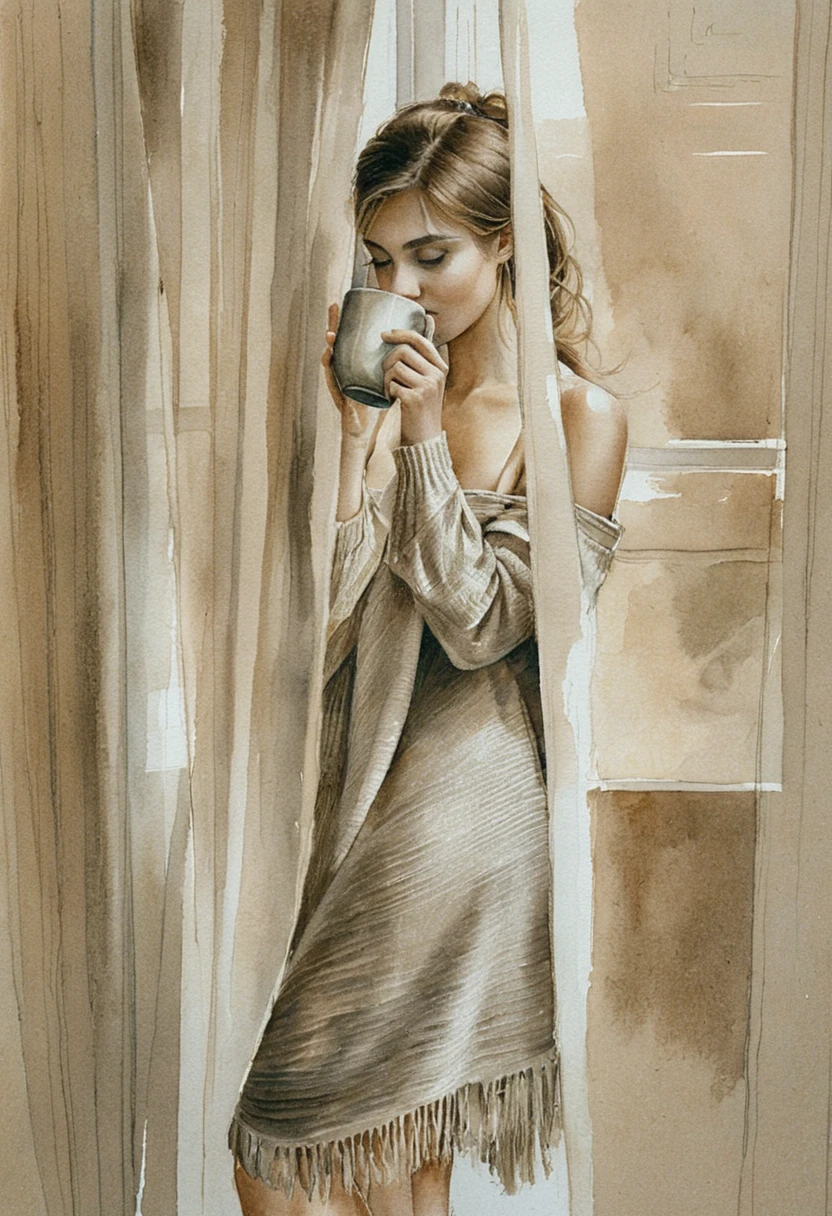 Woman by window in cozy knitwear watercolor painting