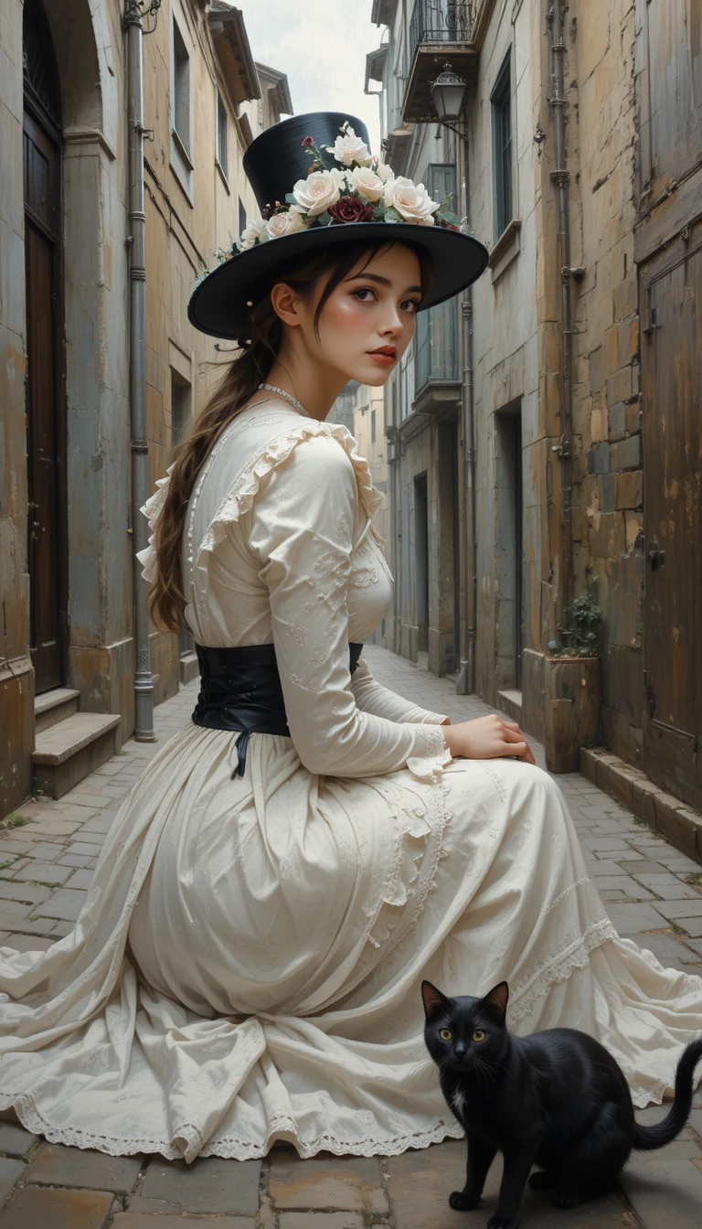 Chica con atuendo steampunk blanco y gato negro en un callejón