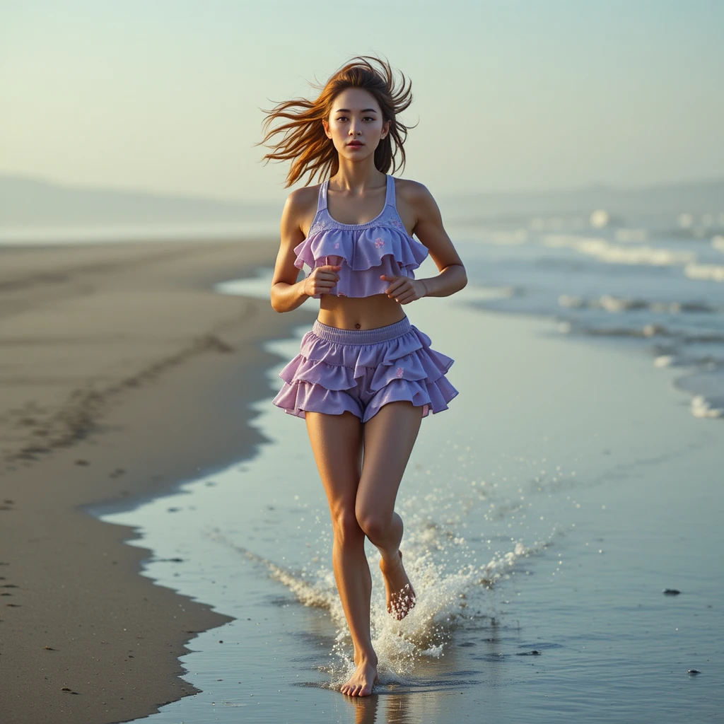 Korean woman running barefoot along a misty dawn shoreline