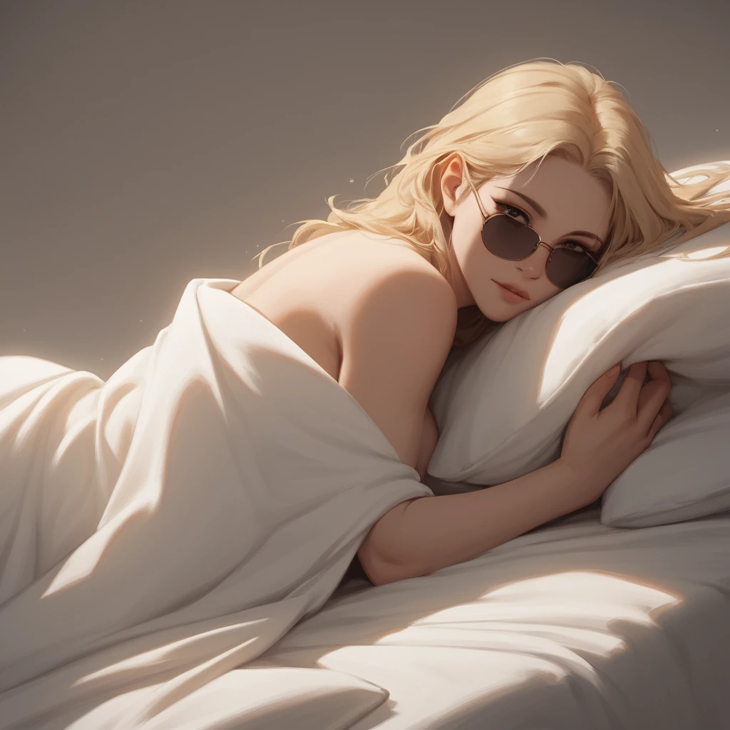 Femme blonde aux formes généreuses se reposant sur un lit aux tons chauds