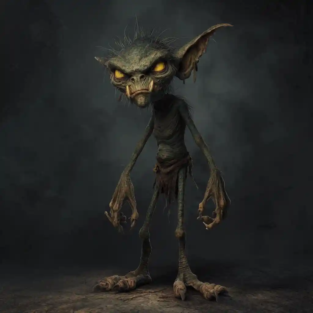 Goblin grottesco della foresta con arti contorti nei boschi oscuri