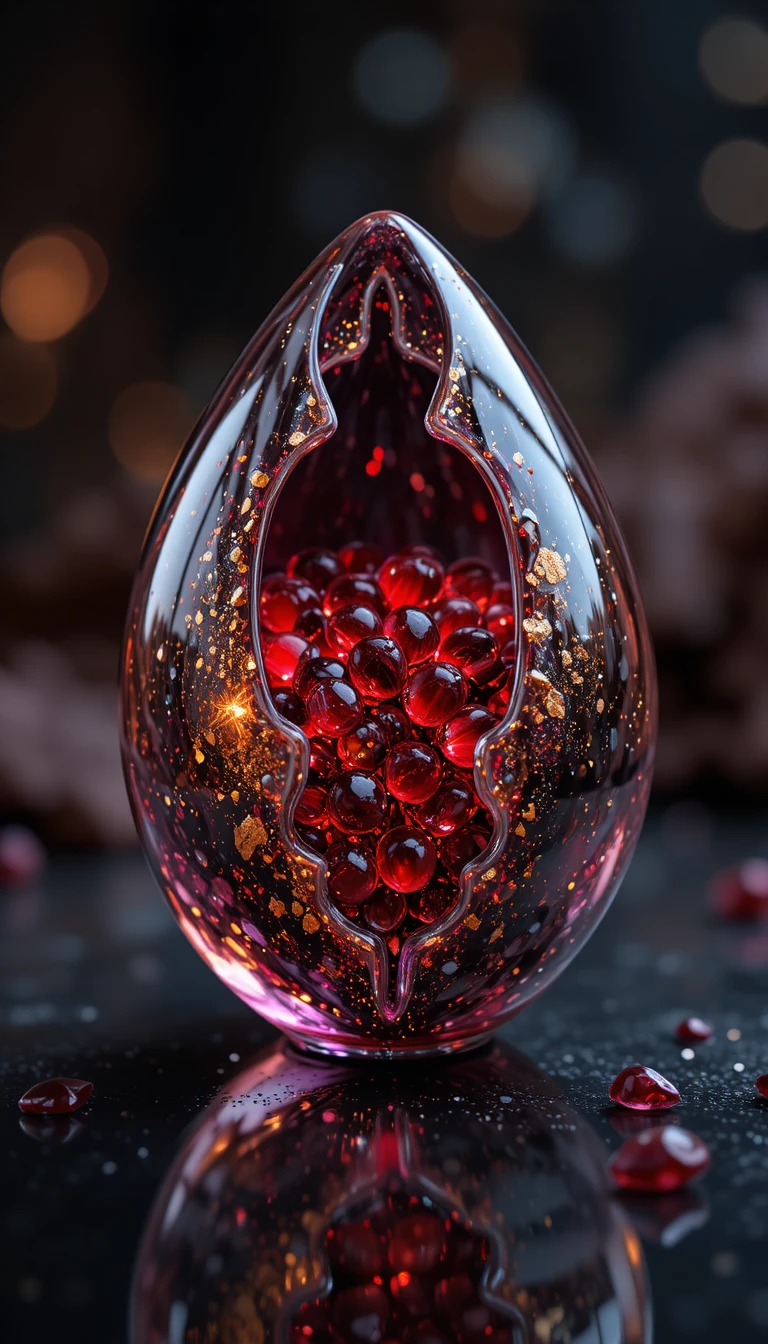 Glass garnet sculpture with glowing seeds on black background