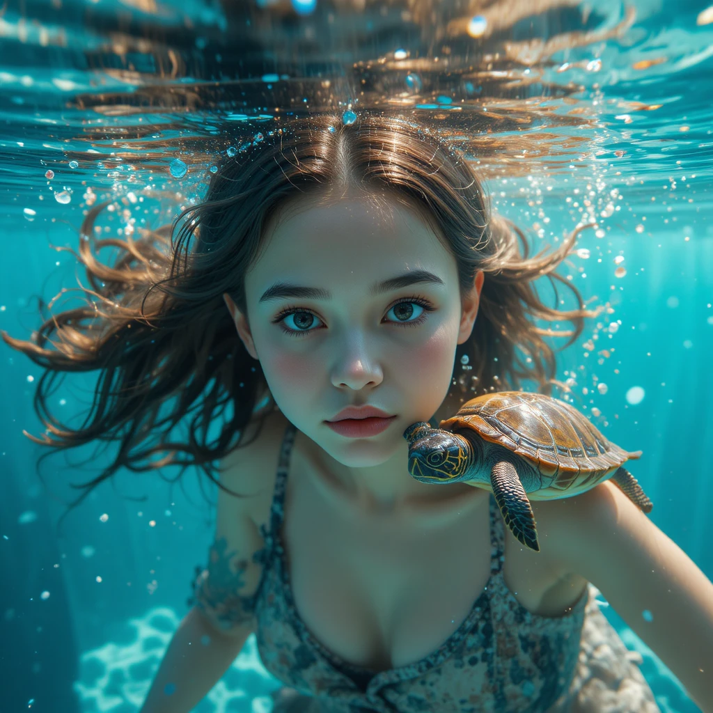 Joven niña nadando en agua cristalina junto a una pequeña tortuga