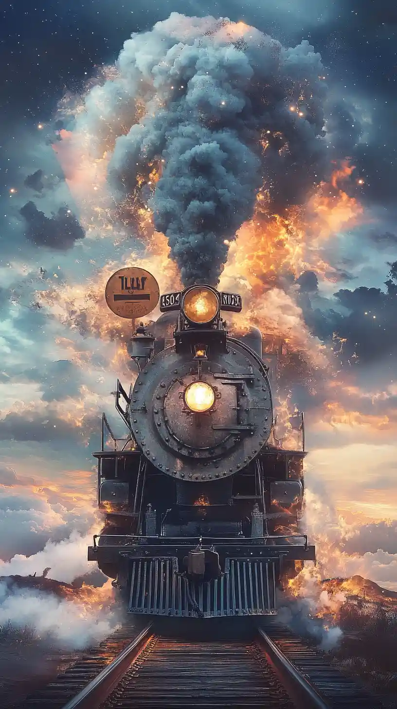 Steam train conductor fused with rails under celestial sky