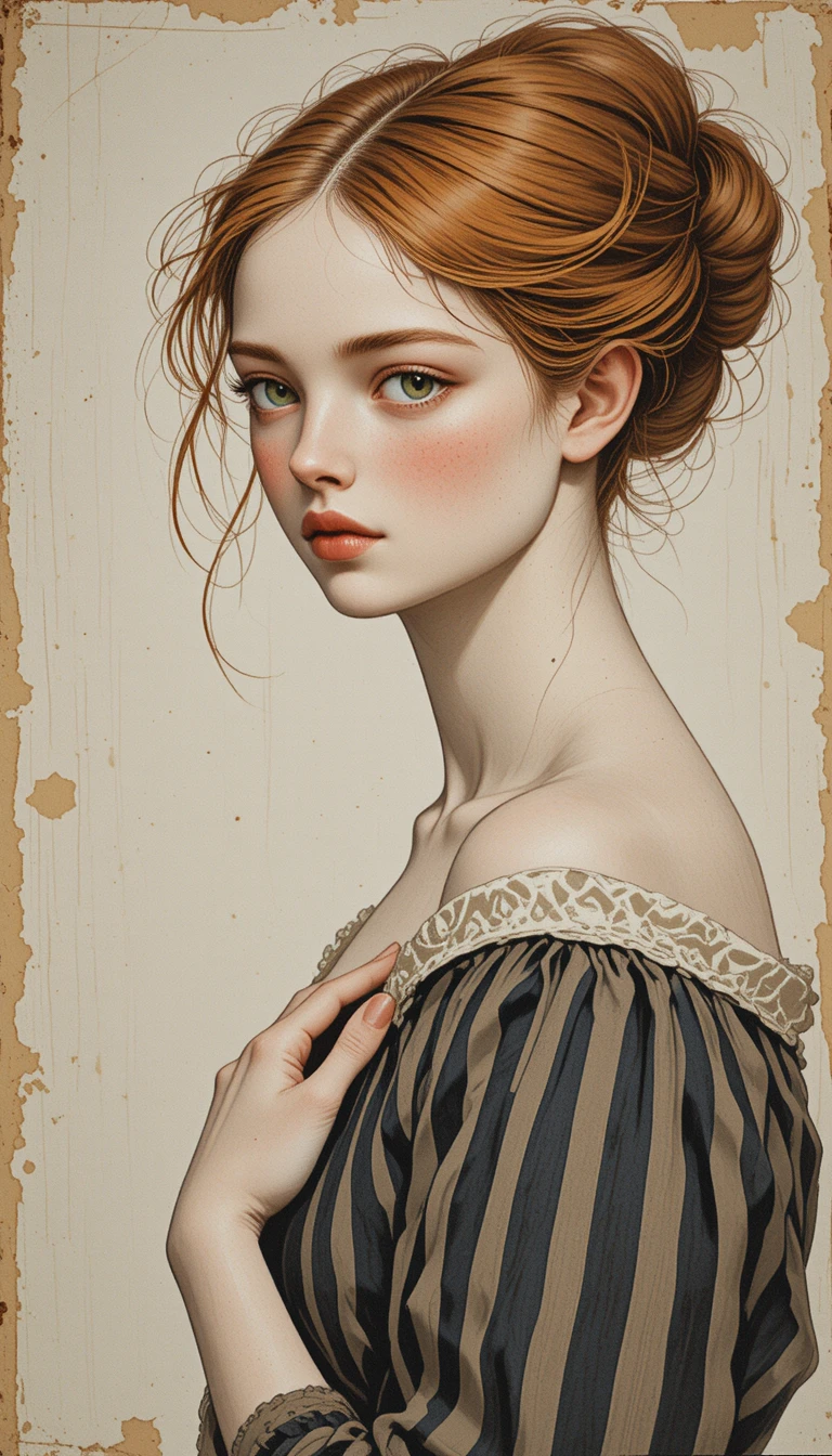 Renaissance style portrait of a red haired girl in stripes