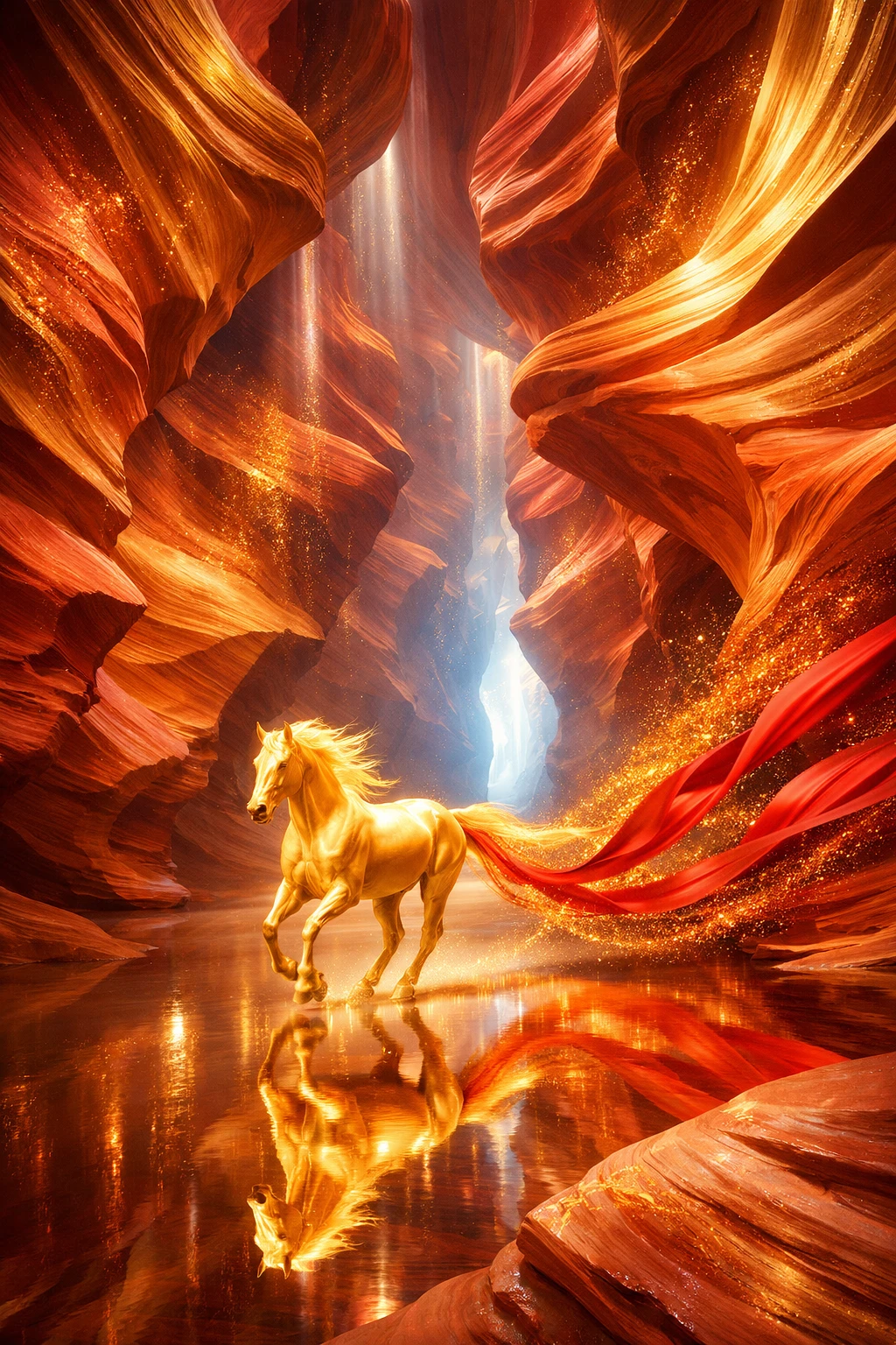光り輝く赤い渓谷の回廊を駆け抜ける黄金の馬