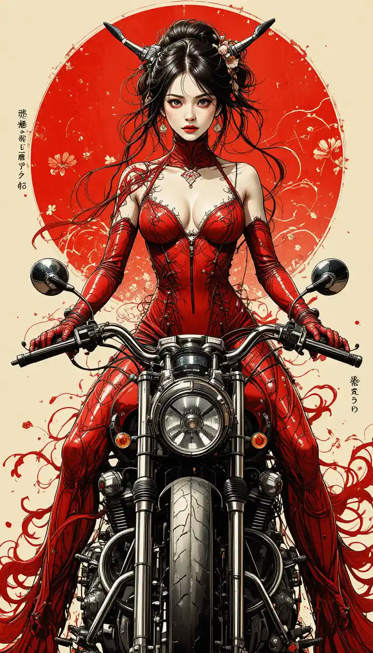 Illustrazione a inchiostro giapponese di una donna su una motocicletta
