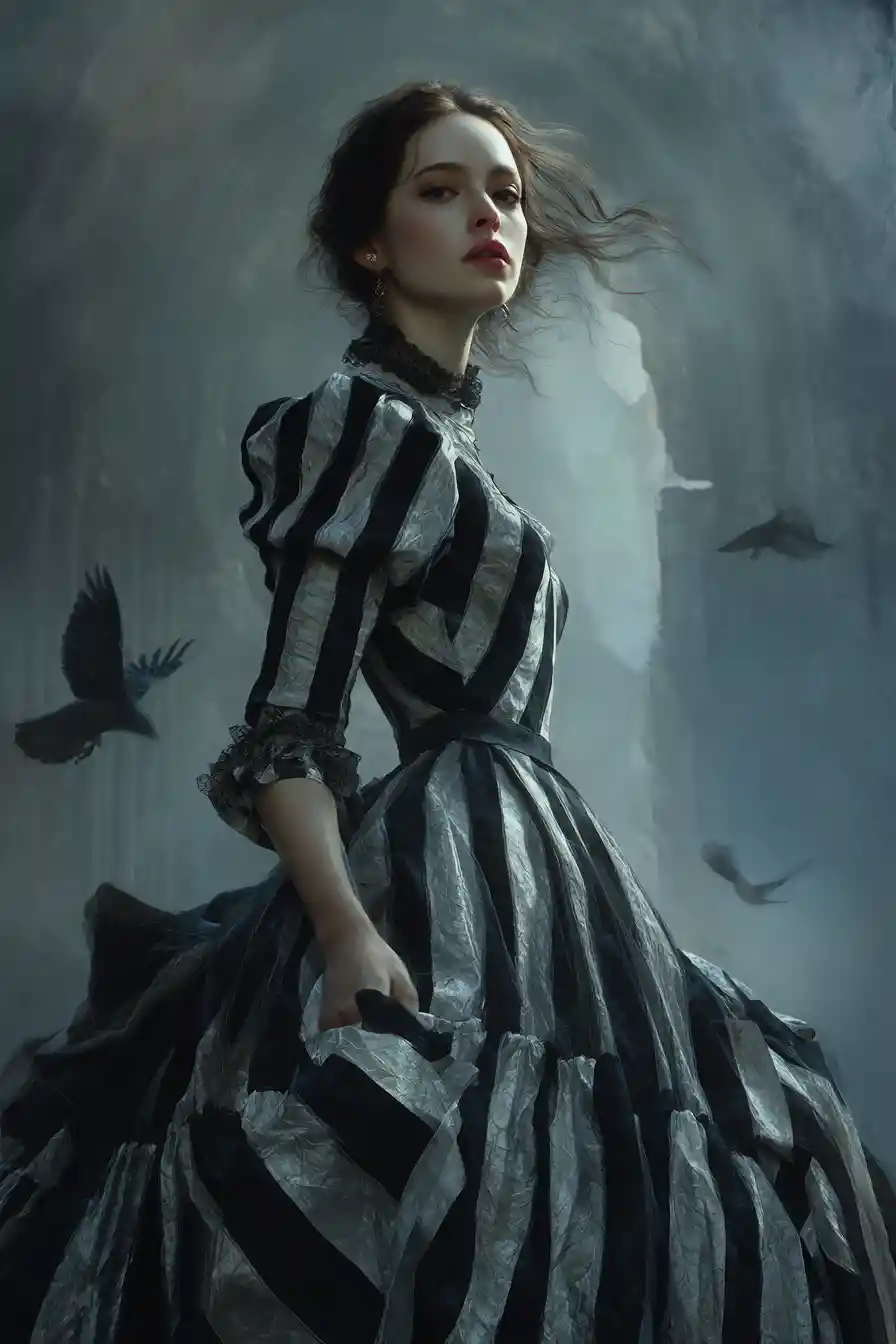 Woman in striped dress beneath gothic arches at moonlit night