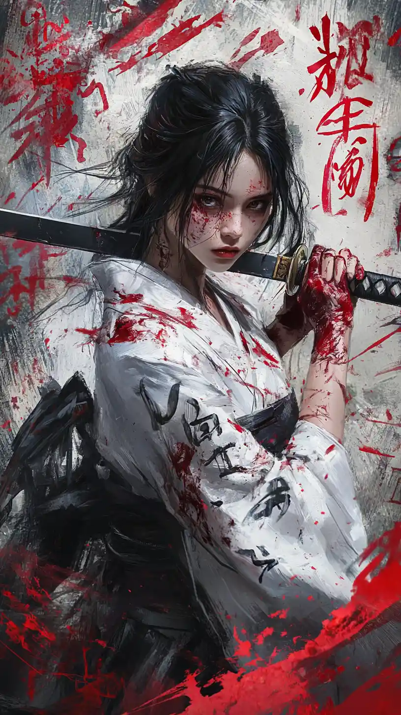 Samouraï femme tenant un katana dans un kimono blanc taché de sang