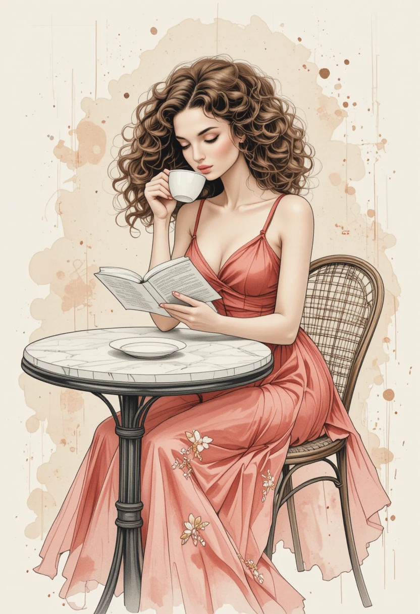 Donna elegante che legge a un piccolo tavolo da caffè in acquerello