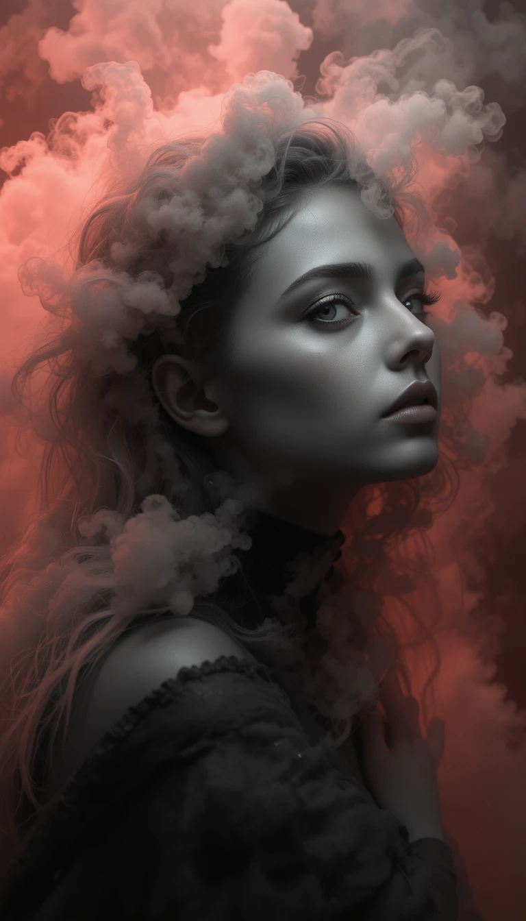 Realistic close up face emerging from dense studio fog