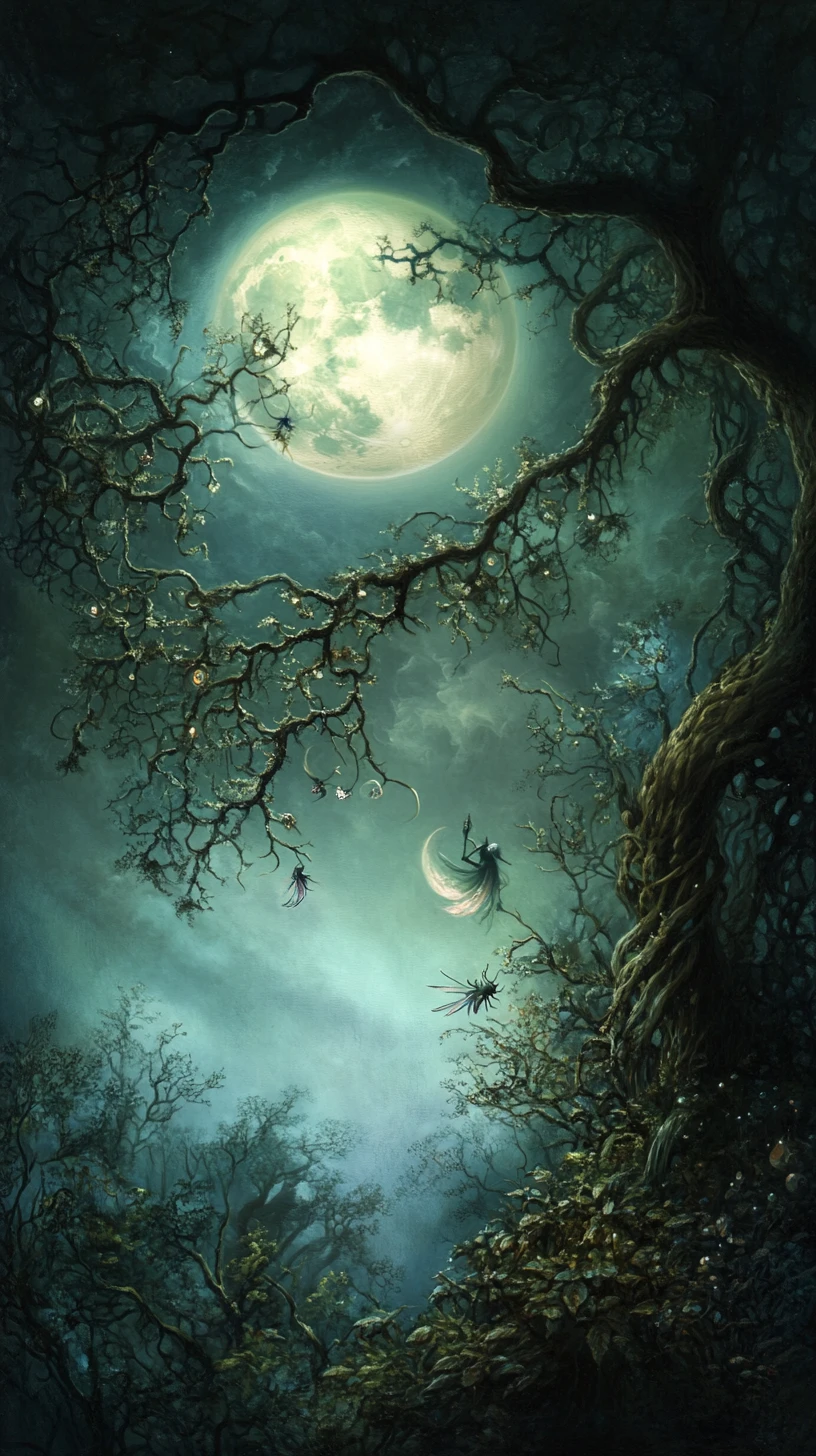 Ethereal elf drifting through a mystical moonlit landscape