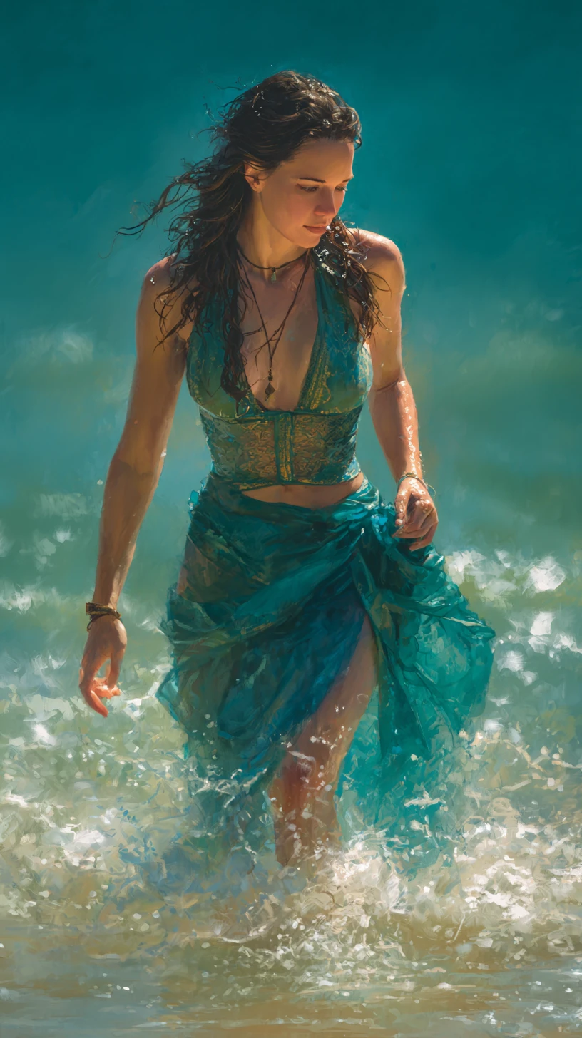 Golden goddess walking from the turquoise sea to shore