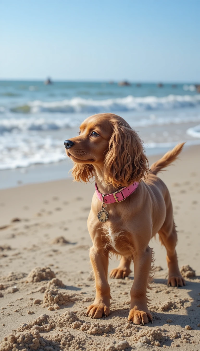 Niedlicher Cocker Spaniel am Sandstrand mit Blick auf das ruhige Meer
