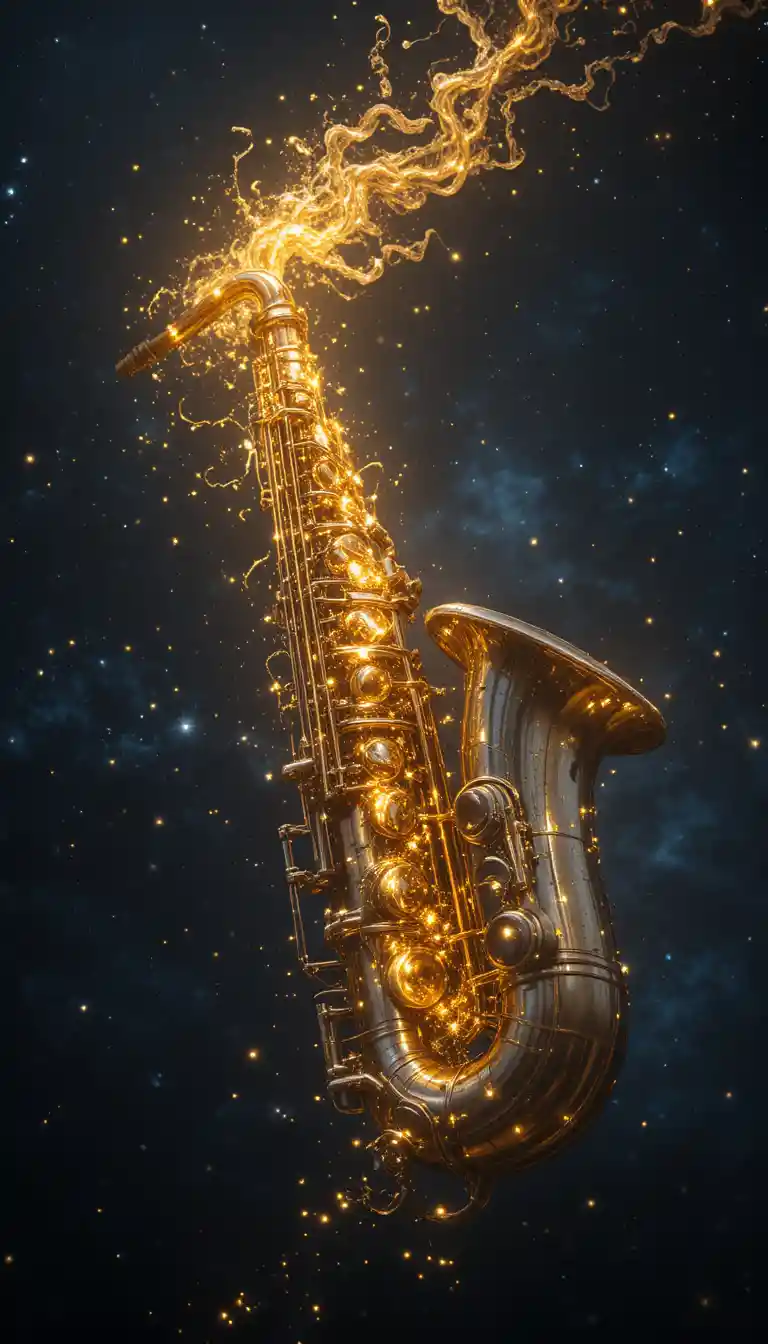 Golden saxophone glowing in a dark cosmic void