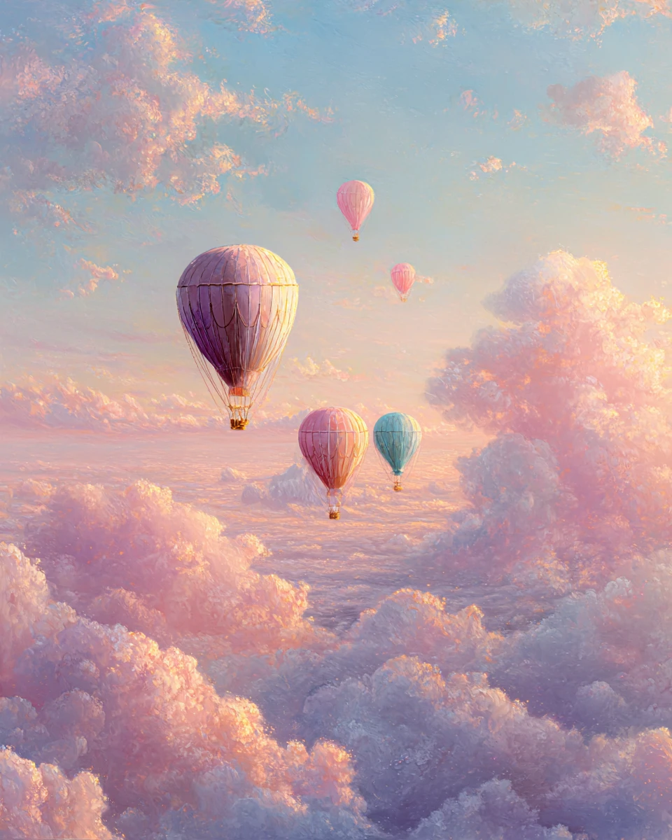 Dreamy Hot Air Balloons Above Pink Clouds At Sunset