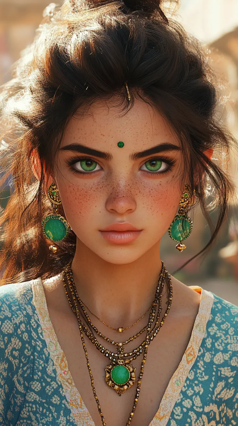 Fantasy girl with green eyes in warm golden sunlight