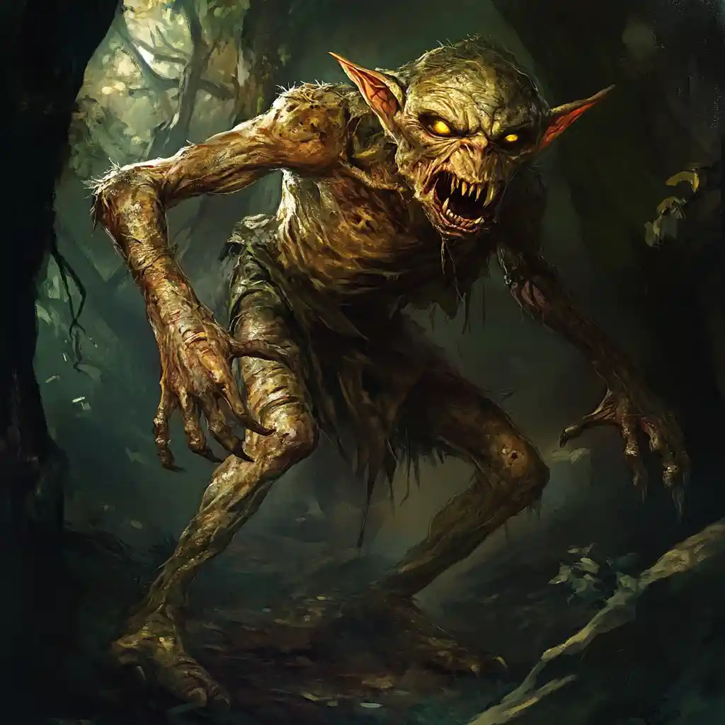 Goblin della foresta grottesco con corpo contorto e artigli