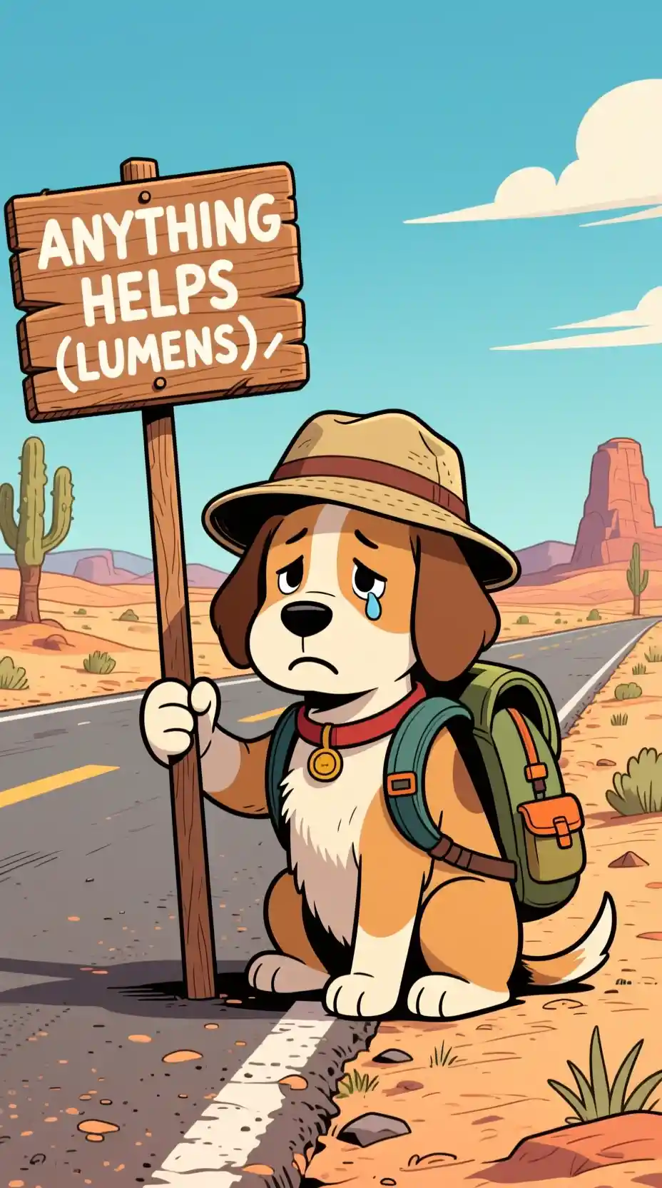 Cagnolino triste in stile cartoon con zainetto su una solitaria strada nel deserto