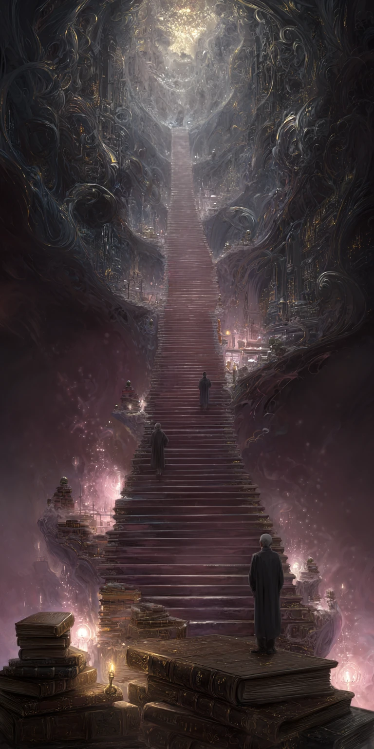 Escalera cósmica infinita con figura solitaria ascendiendo