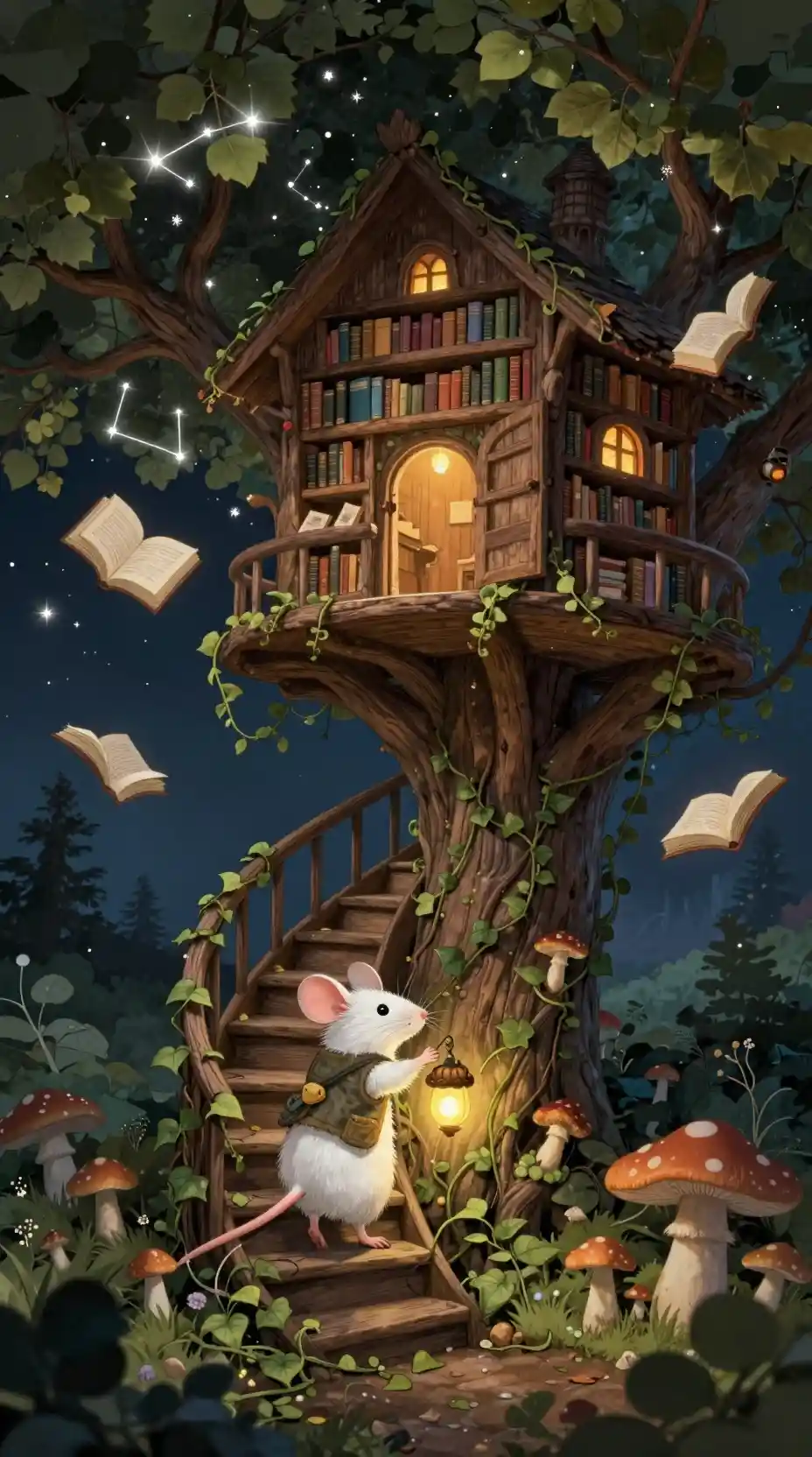 White mouse climbing ivy staircase with glowing acorn lantern